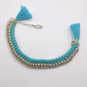 ETTIKA Gold Tone Chain Turquoise Blue Braided Bracelet Tassel Boho Bohemian